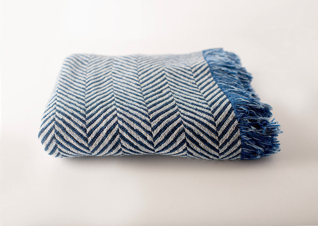 Blue Herringbone Jacquard Woven Throw