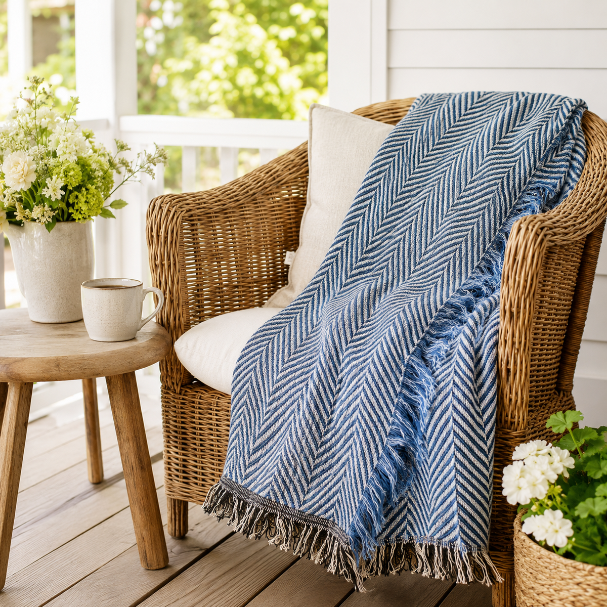 Blue Herringbone Jacquard Woven Throw