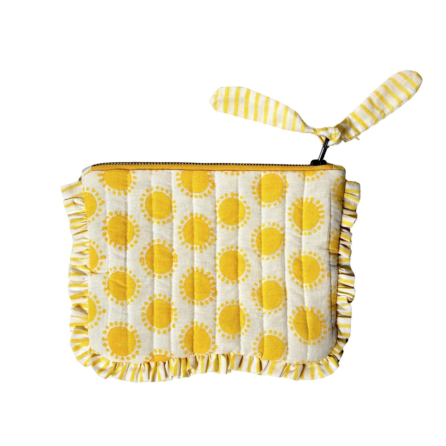 Quilted Cotton Travel Pouch with Sun Print and Ruffle Trim