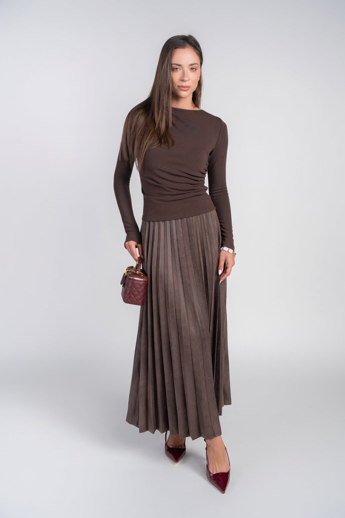 Pebble Leather Pleated Maxi Skirt- Brown
