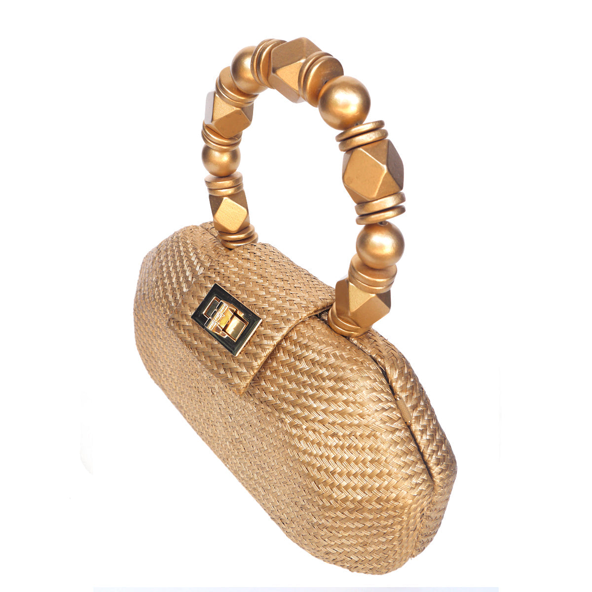 THE MELIA — Gold Woven Straw Clutch with Beaded Top Handle