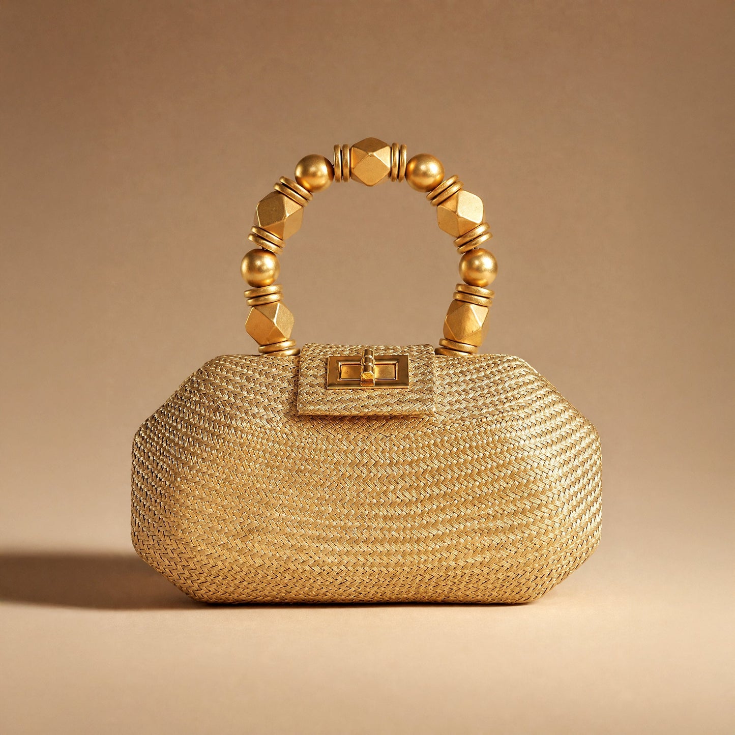 THE MELIA — Gold Woven Straw Clutch with Beaded Top Handle
