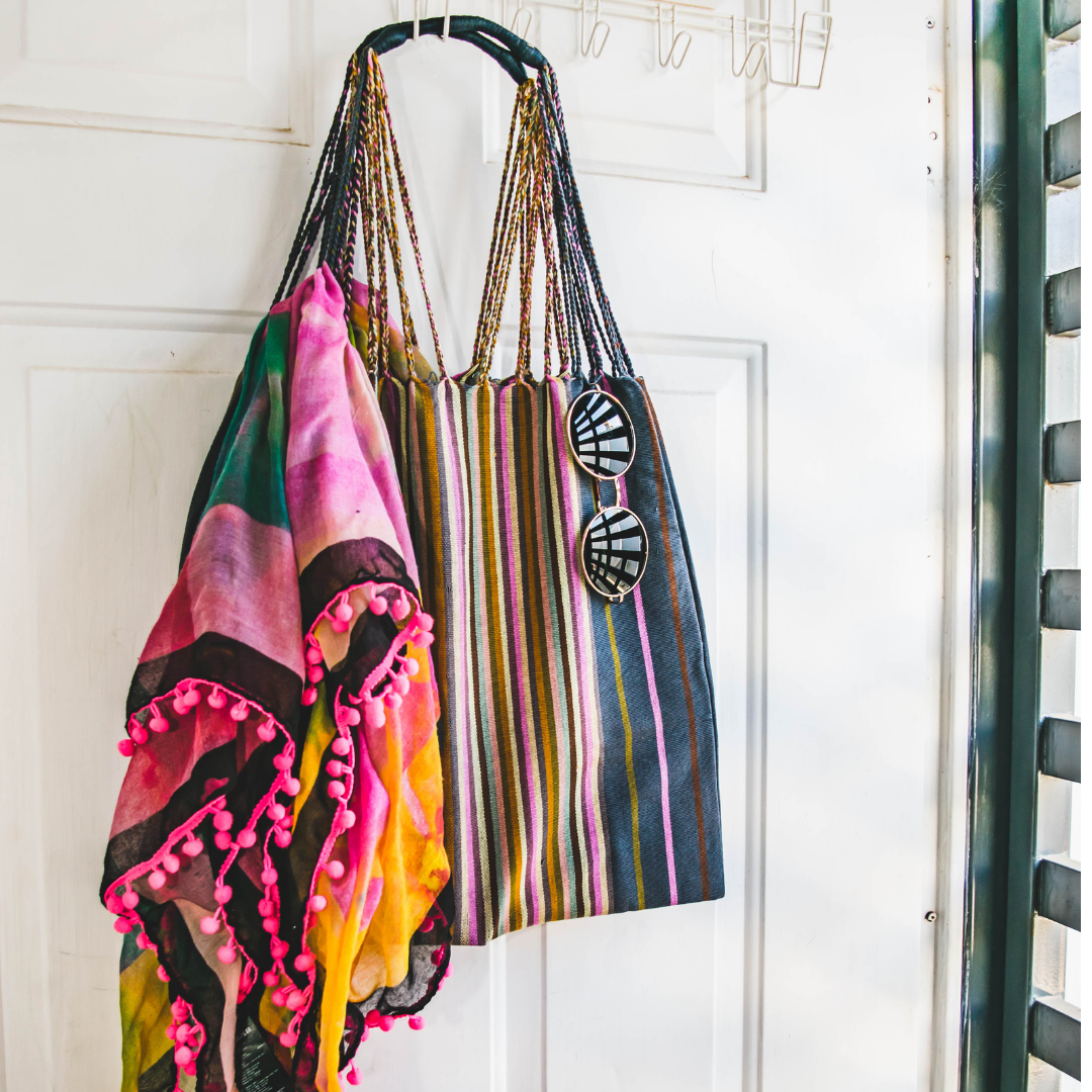 Poppy Woven Striped Tote | Hammock Bag - Mexico