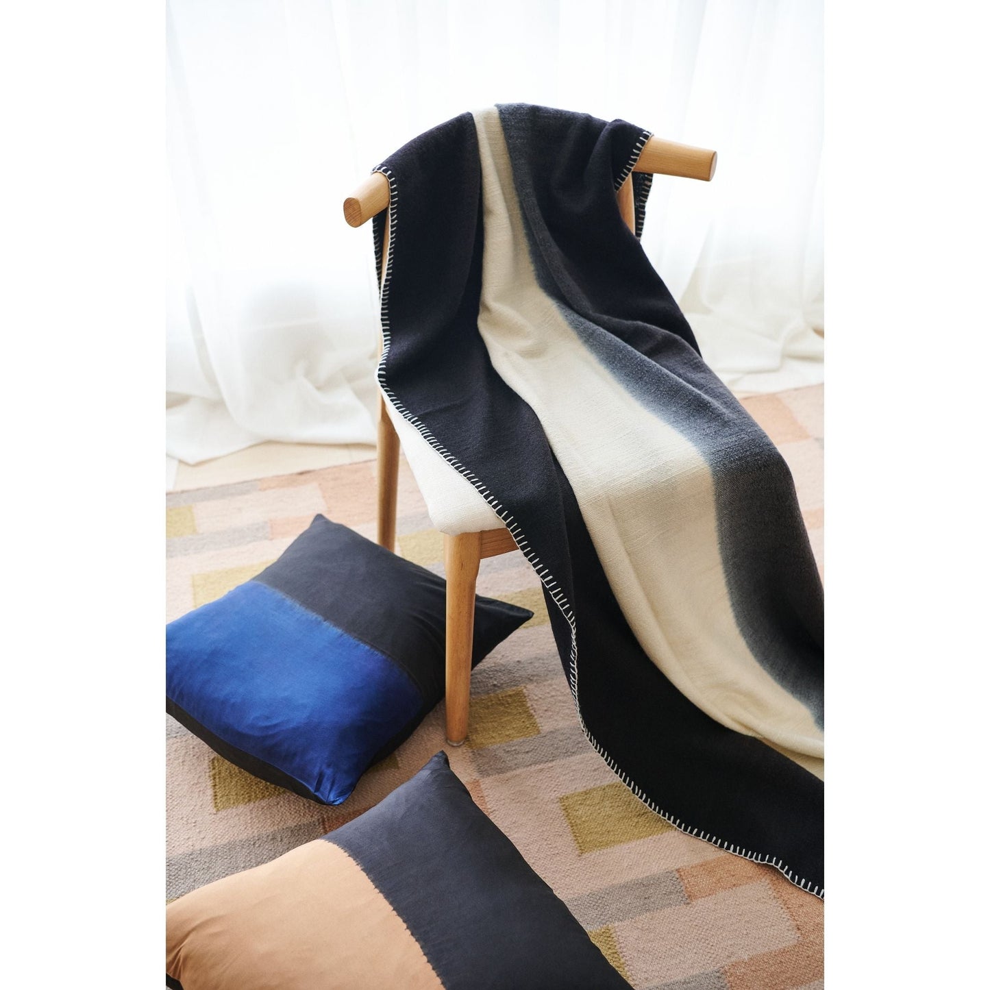 Ink Black White Ombre Textured Throw  In Hand Spun Merino And Hand Stitched Hem