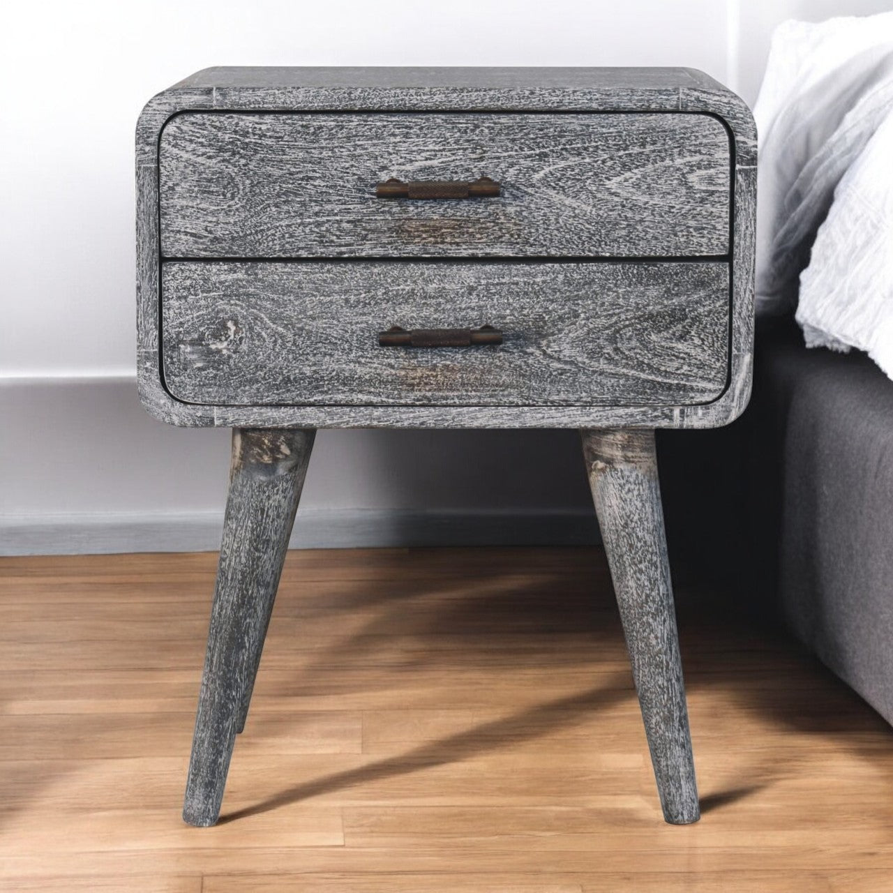 Solid Wood Sandblasted Ash Curved Bedside Table