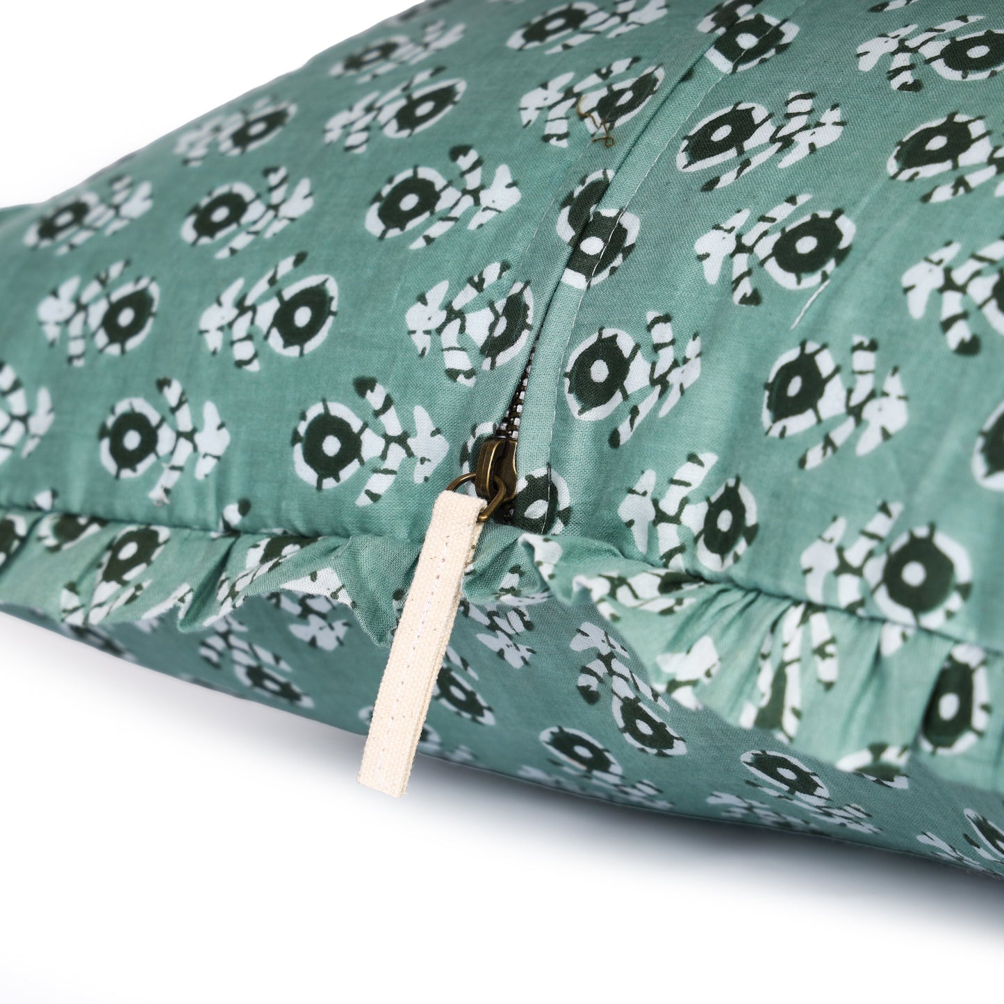 Block-Printed Pillow Cover | 20x20 Ruffled Cotton, Hidden Zipper