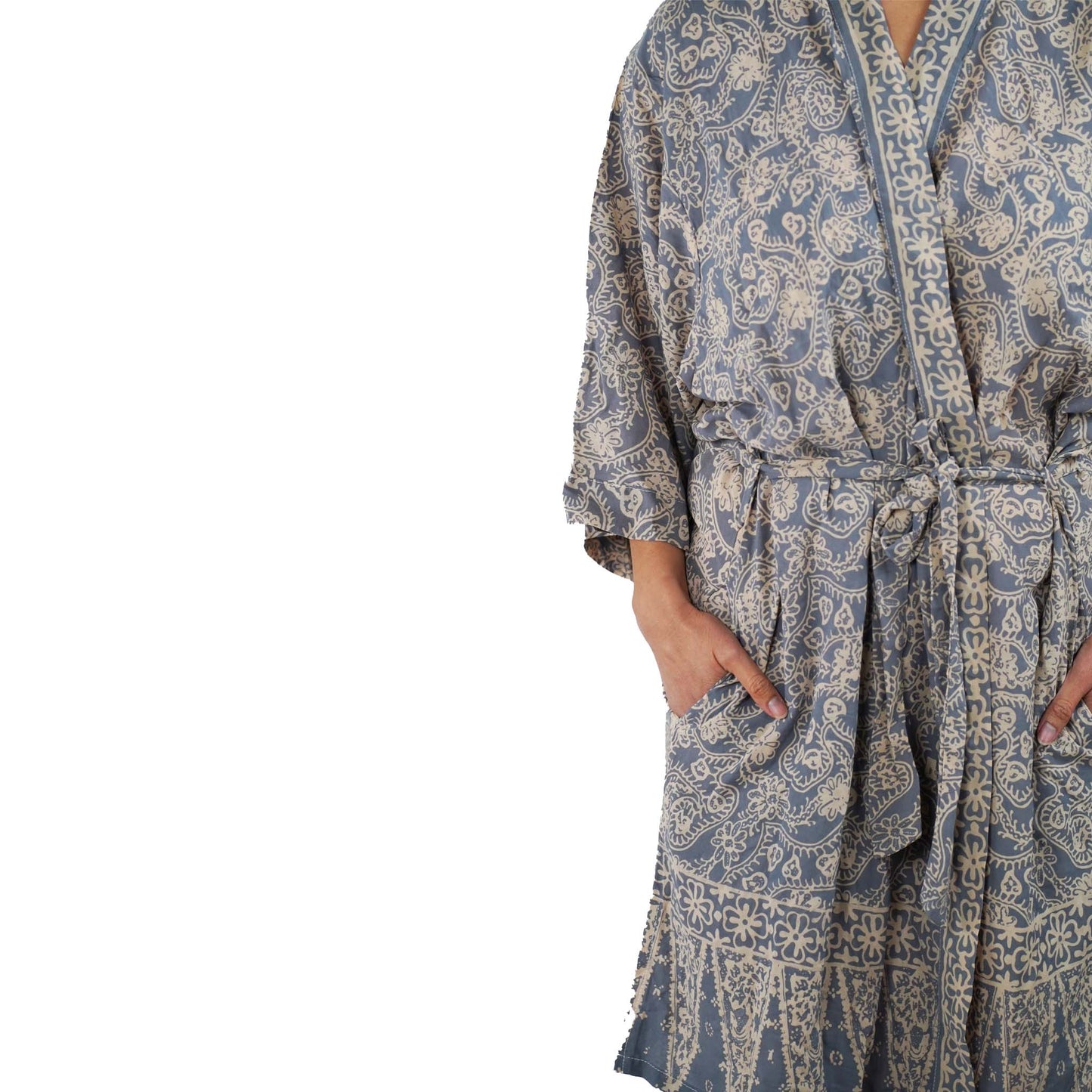 Hand Dyed Batik Robe Kimono, 100% Cotton, Gray, Silver Petals