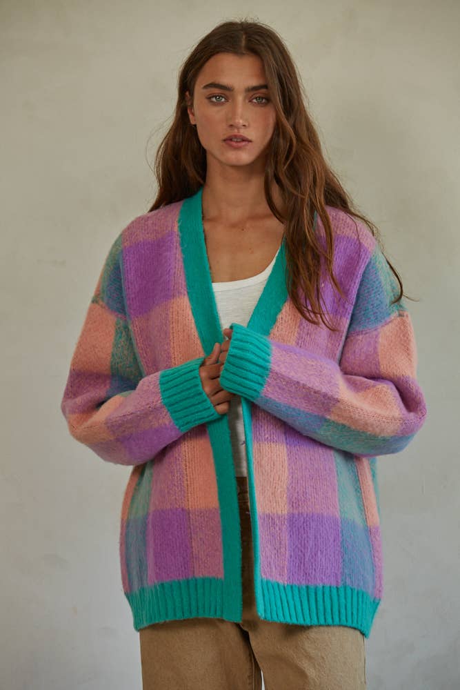 Knit Sweater Gingham Cardigan in Jade Multicolor [Sizes S-L]