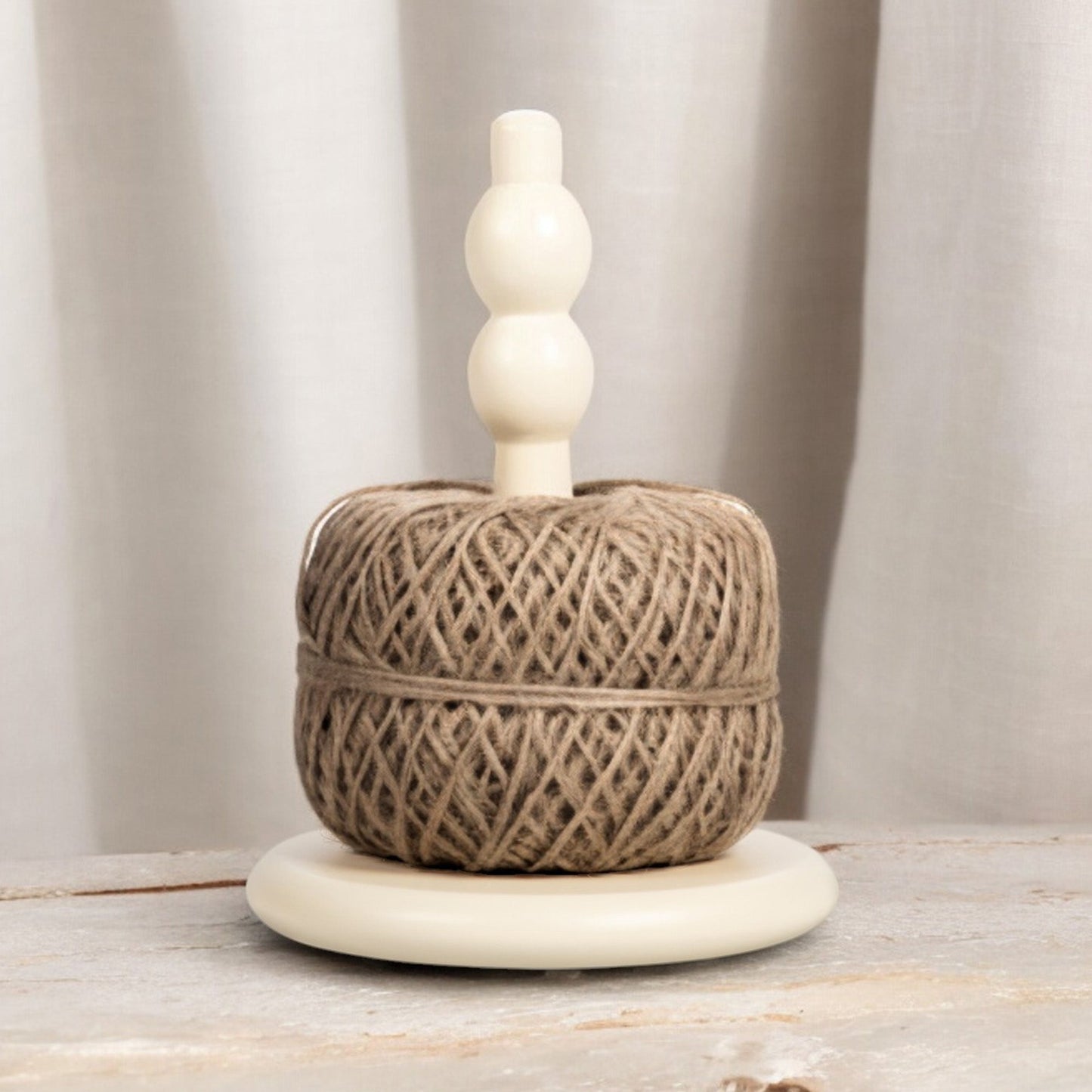 Wooden Twine Holder with Jute Ball in Pearl White