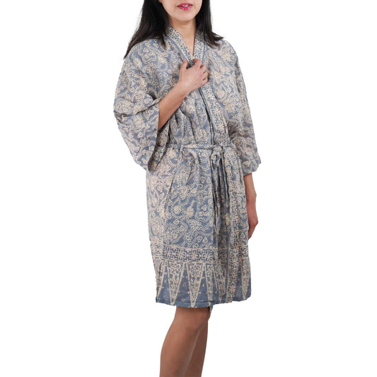 Hand Dyed Batik Robe Kimono, 100% Cotton, Gray, Silver Petals