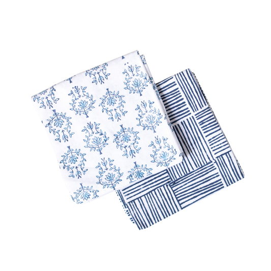 S/2 Tea Towel Set - Lotus & Stripe, Navy