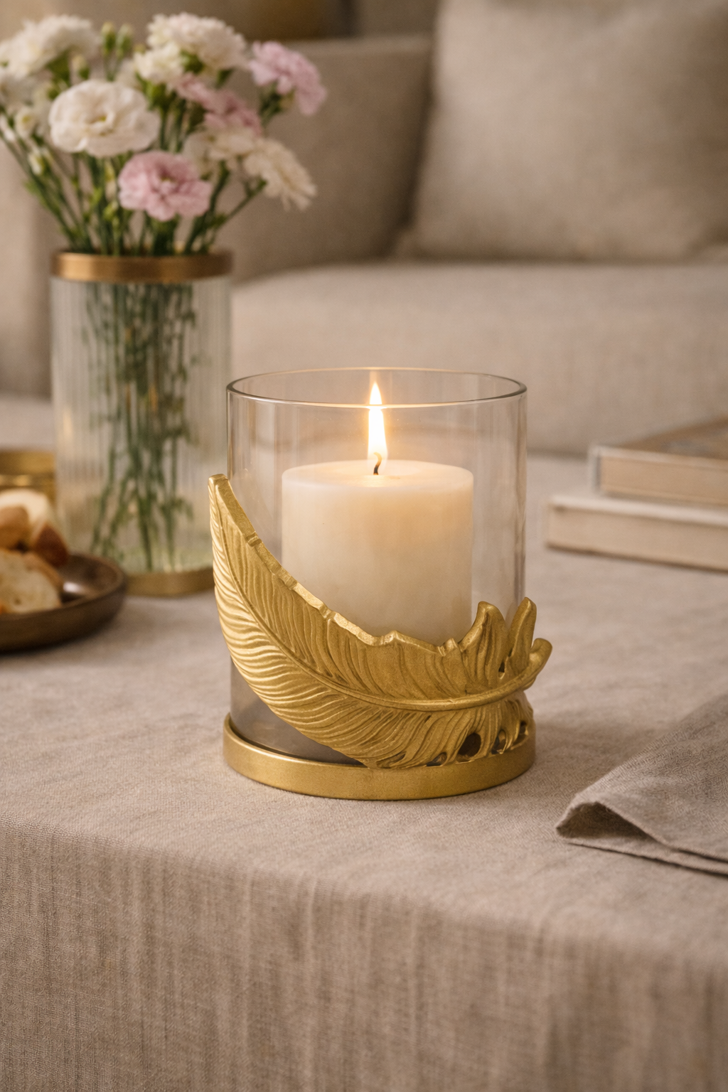Raíz Studio Fleather Glow Candle Holder – Hand-Cast Gold Metal & Glass Votive Holder