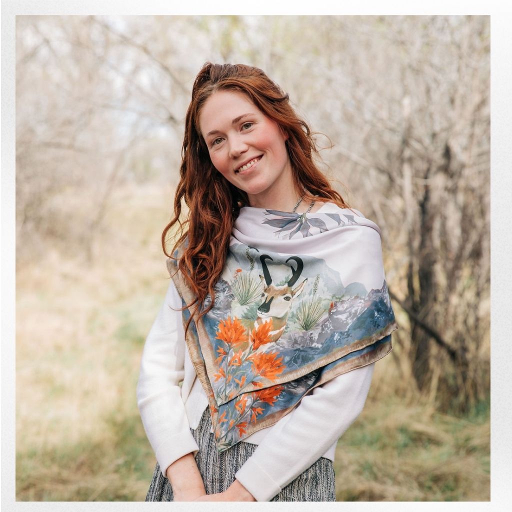 100% Silk Scarf: San Luis - Landscape Wildlife Floral