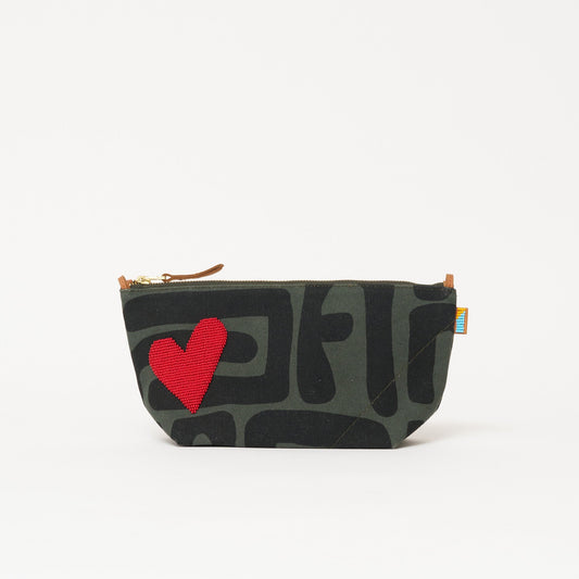 Large Convertible Pouch - Safari Kuba with Beaded Red Heart with Medium Leather Strap