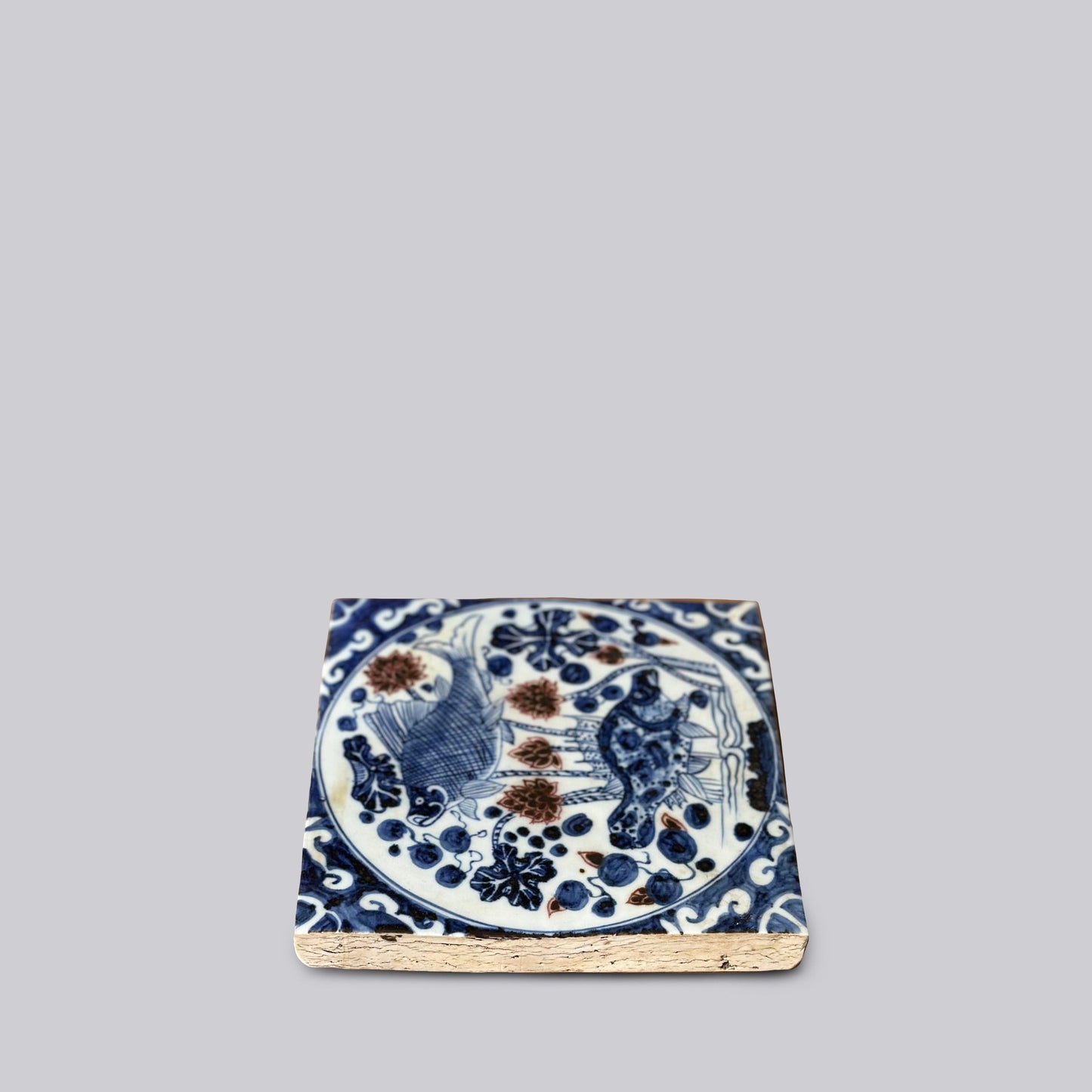 Hand Painted Porcelain Blue and Red Fish and Lotus Tile