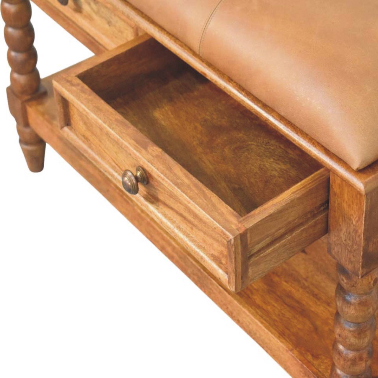 Solid Wood Leather Spindle Bench