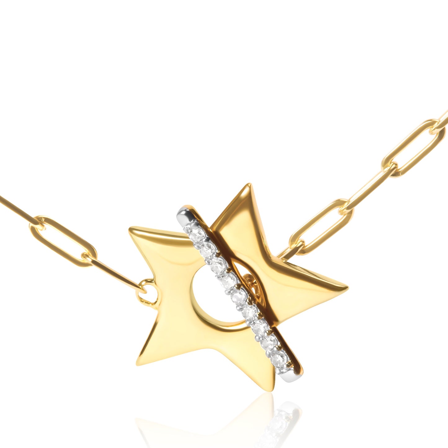 18K Yellow Gold Plated Sterling Silver Diamond Accent Star Pendant Necklace with Paperclip Chain