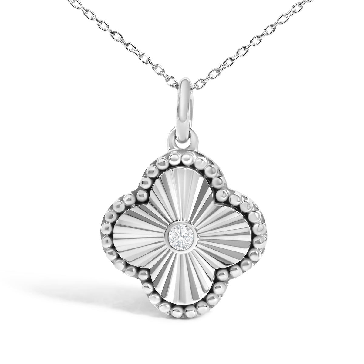 10K White Gold Diamond Accent Clover Fluted Pendant Necklace
