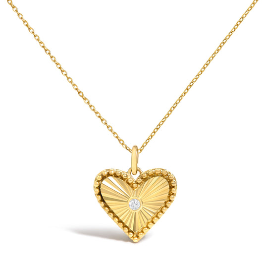 10K Yellow Gold Diamond Accent Heart Medallion Fluted Pendant Necklace