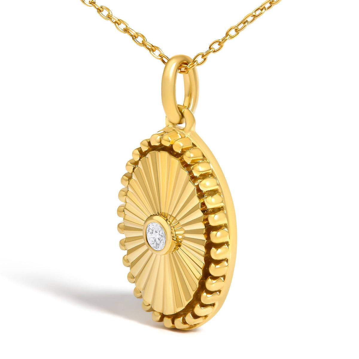 10K Yellow Gold Diamond Accent Oval Fluted Medallion Pendant Necklace