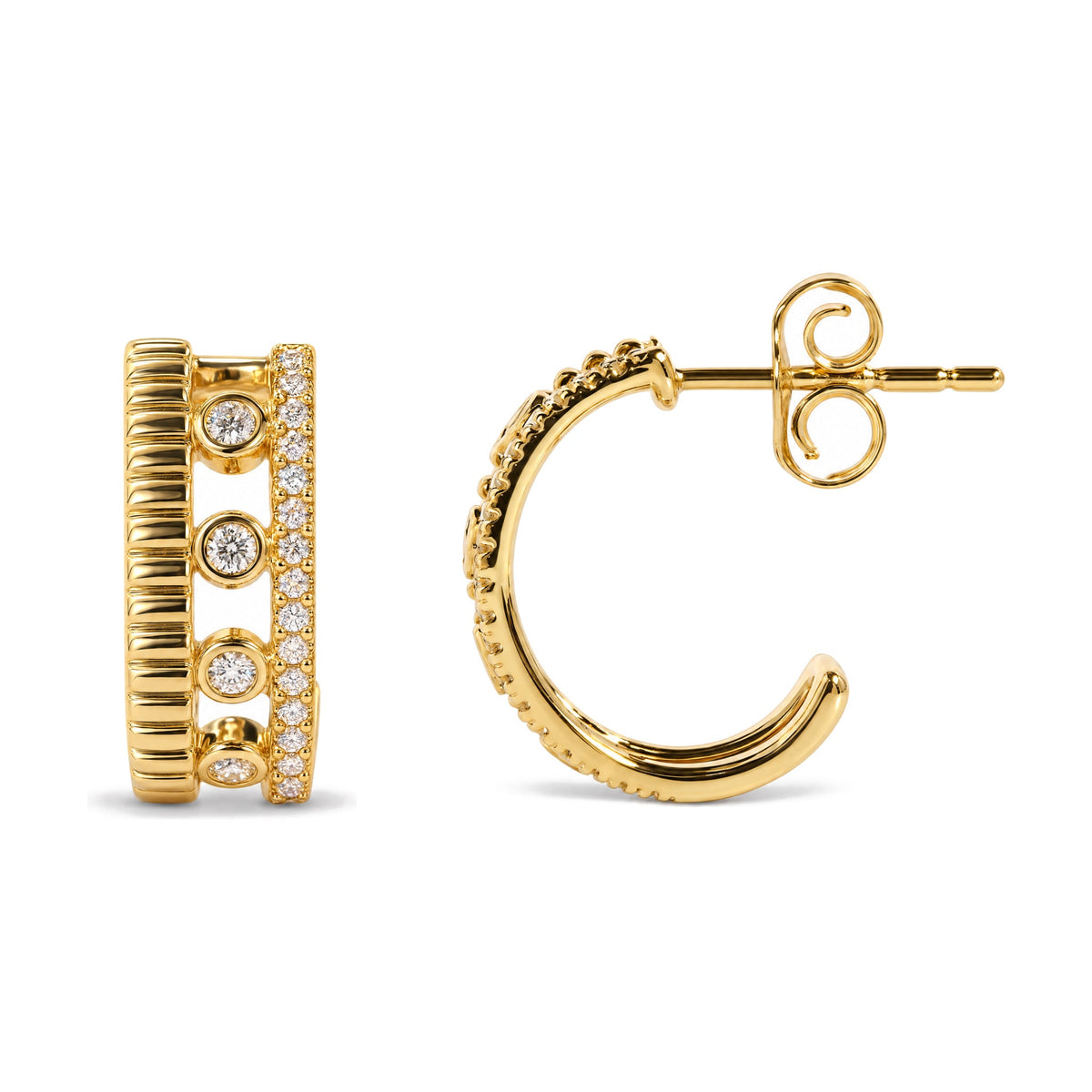 10K Yellow Gold 1/5 Cttw Diamond 3 Row Huggie Hoop Earring