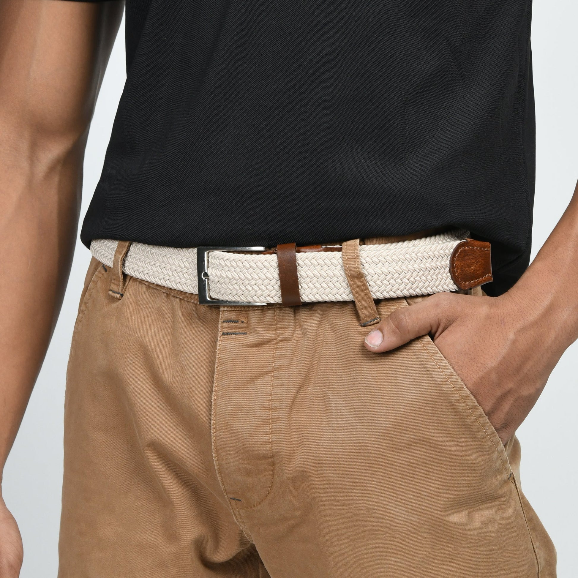 Cream & Brown Braided Canvas Leather Belt - Osadia Concept Store
