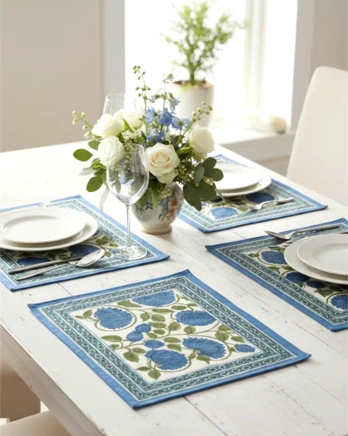 Hand Block Printed Blue Floral Cotton Placemats, Table Mat Set of Two