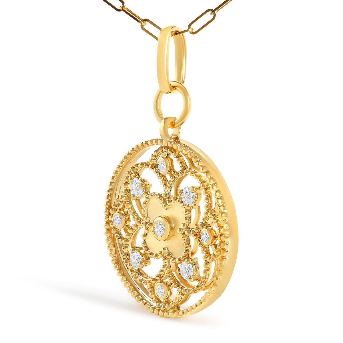 14K Yellow Gold 1/4 Cttw Diamond Filigree Flower Medallion Pendant Necklace
