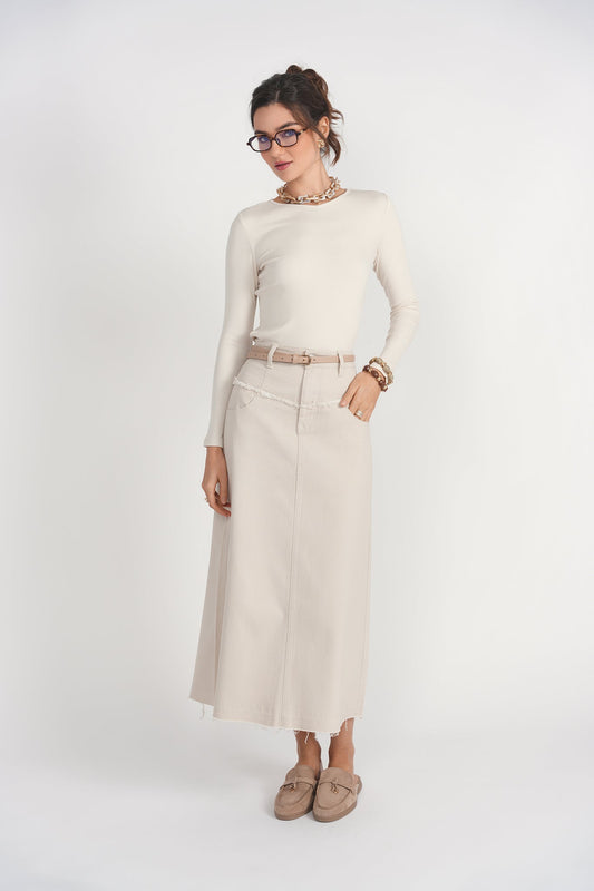 Fray Detail Denim Skirt- Stone