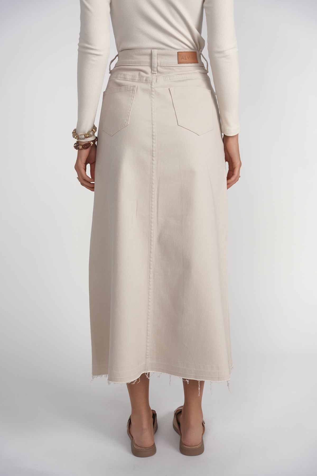 Fray Detail Denim Skirt- Stone