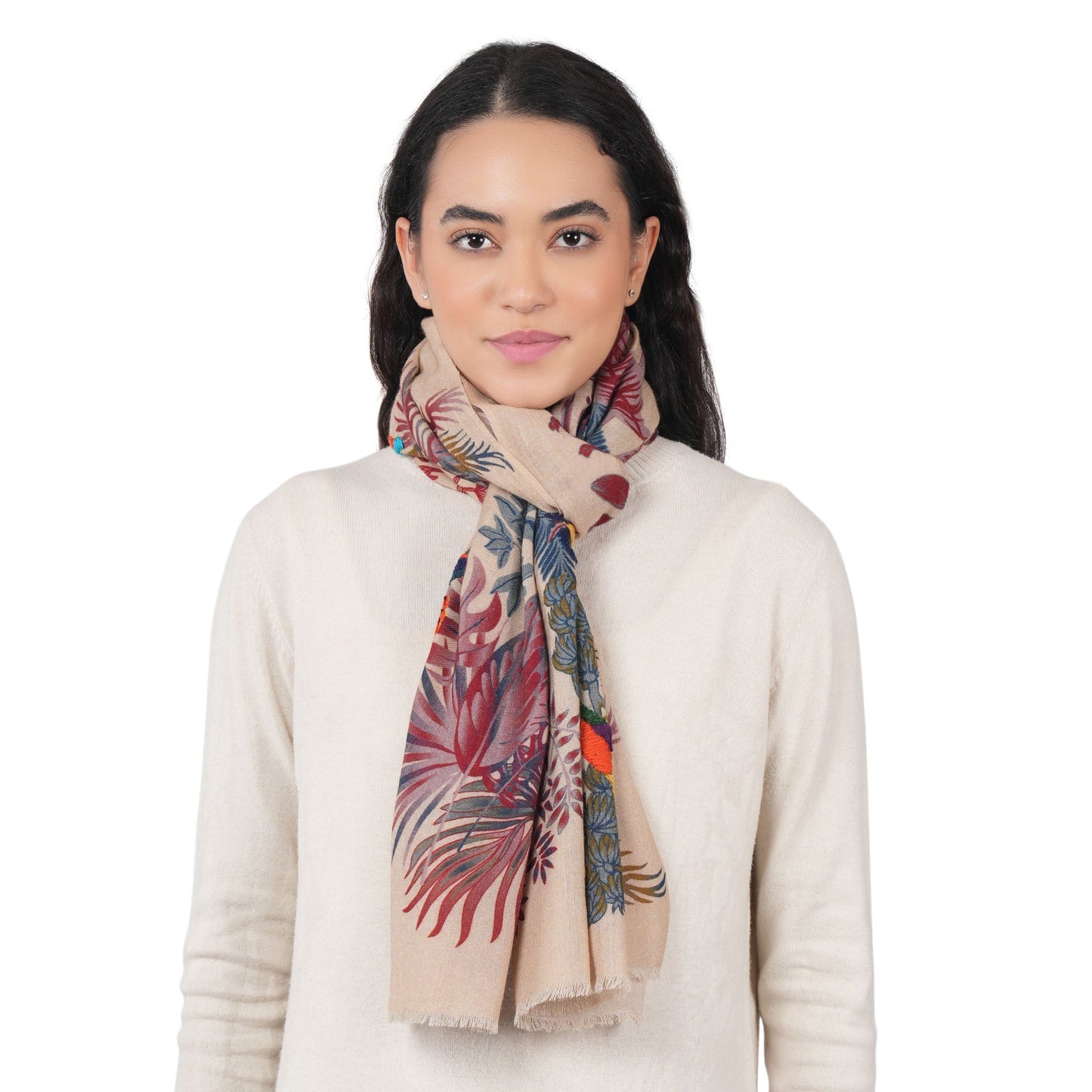 Woodland Embroidered Wool Scarf - Vanilla