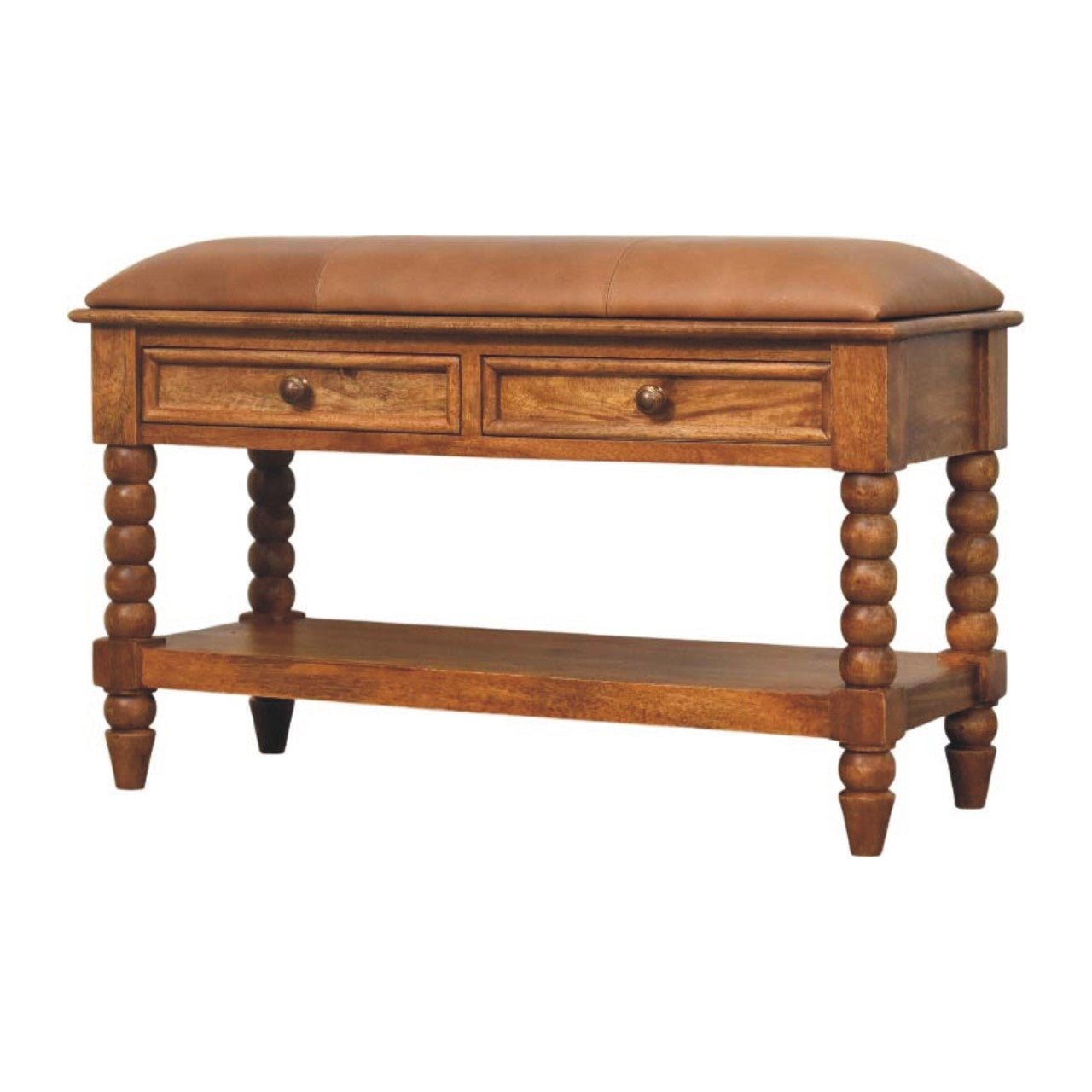 Solid Wood Leather Spindle Bench