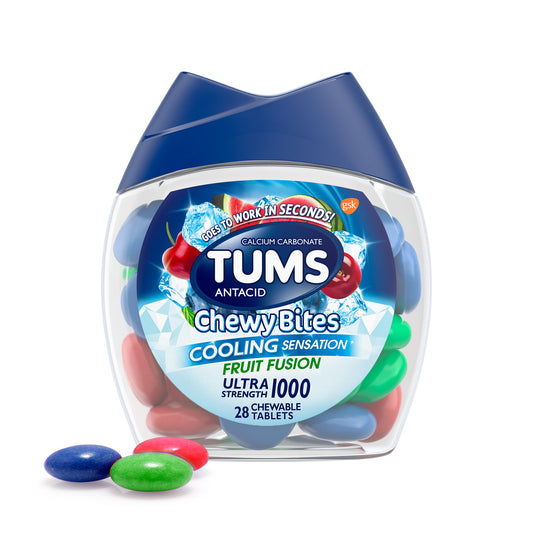 Tums Chewy Bites Fast Cooling Sensation Antacid, Fruit Fusion - 28 Tablets