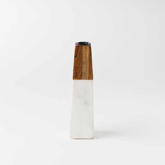 Tapered White Marble & Acacia Sculptural Candleholder