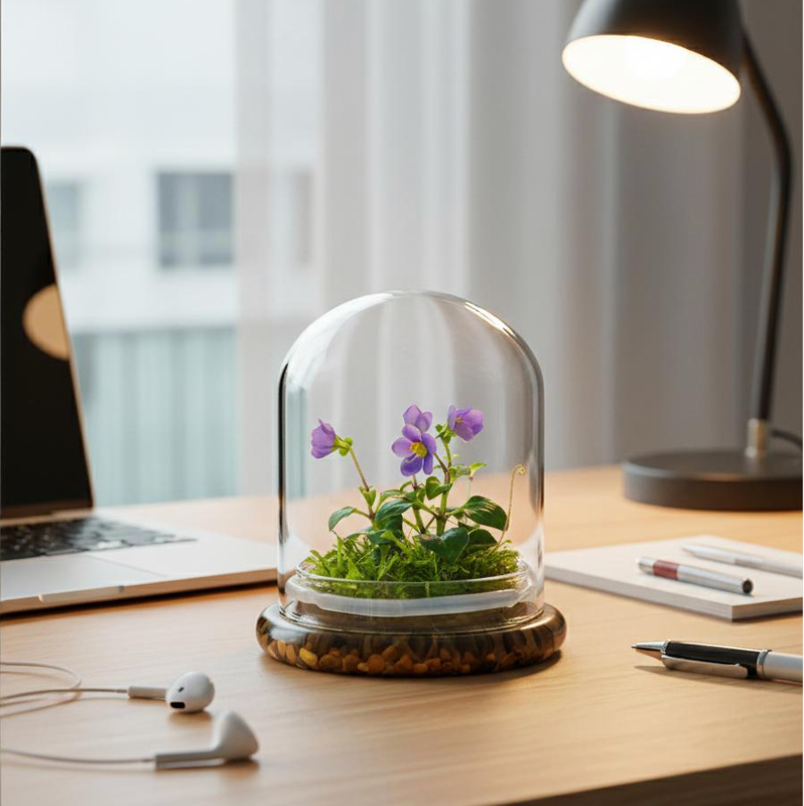 Persian Violet (Exacum Affine) with Sundew Moss, All Season Flowering, Dome Glass