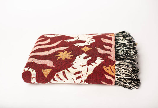 Red Tiger Folk Art Jacquard Woven Throw