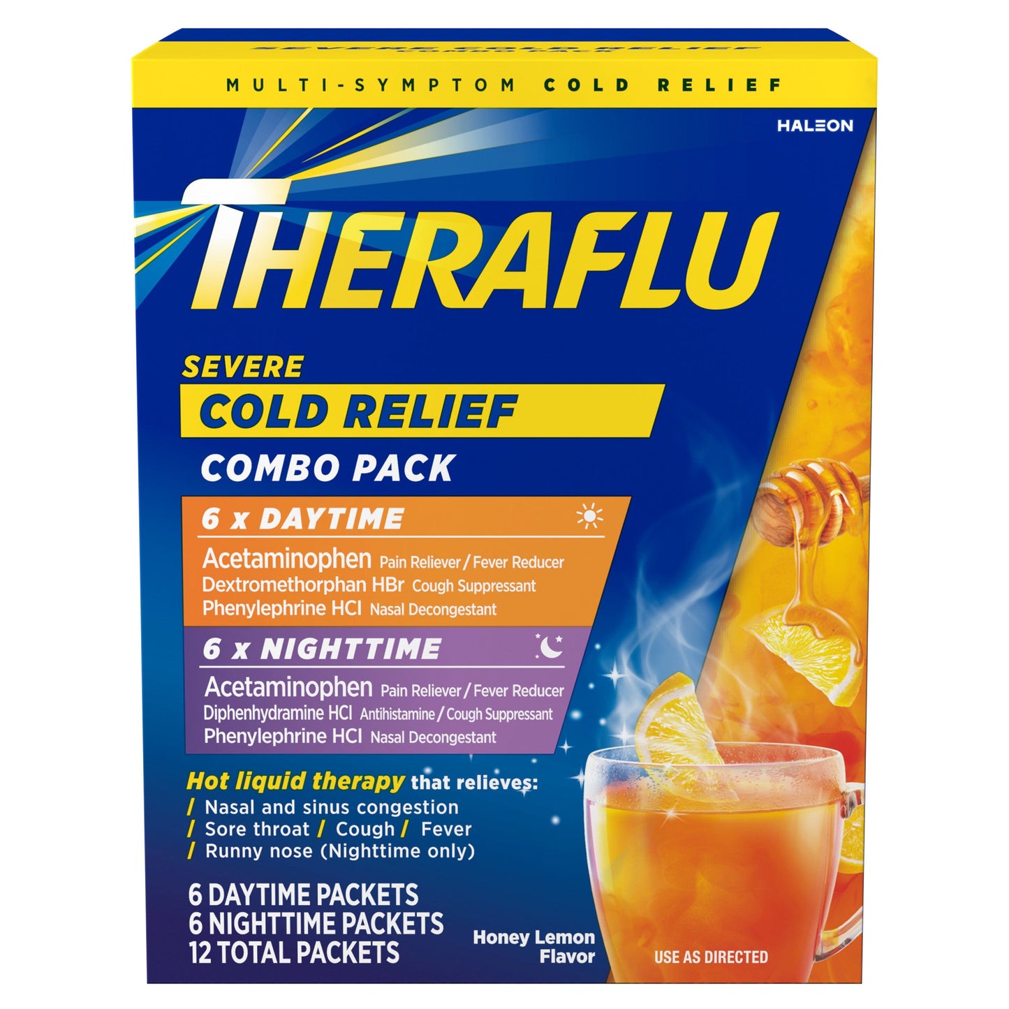 Theraflu Cold Relief, Severe, Combo Pack, Packets, Honey Lemon Flavor