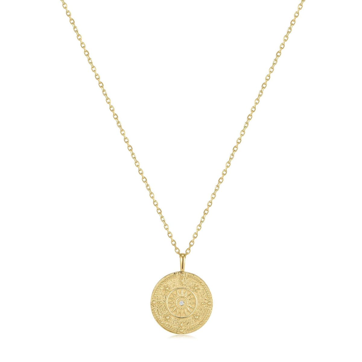 Round Sun Pendant With CZ Center Stone Necklace
