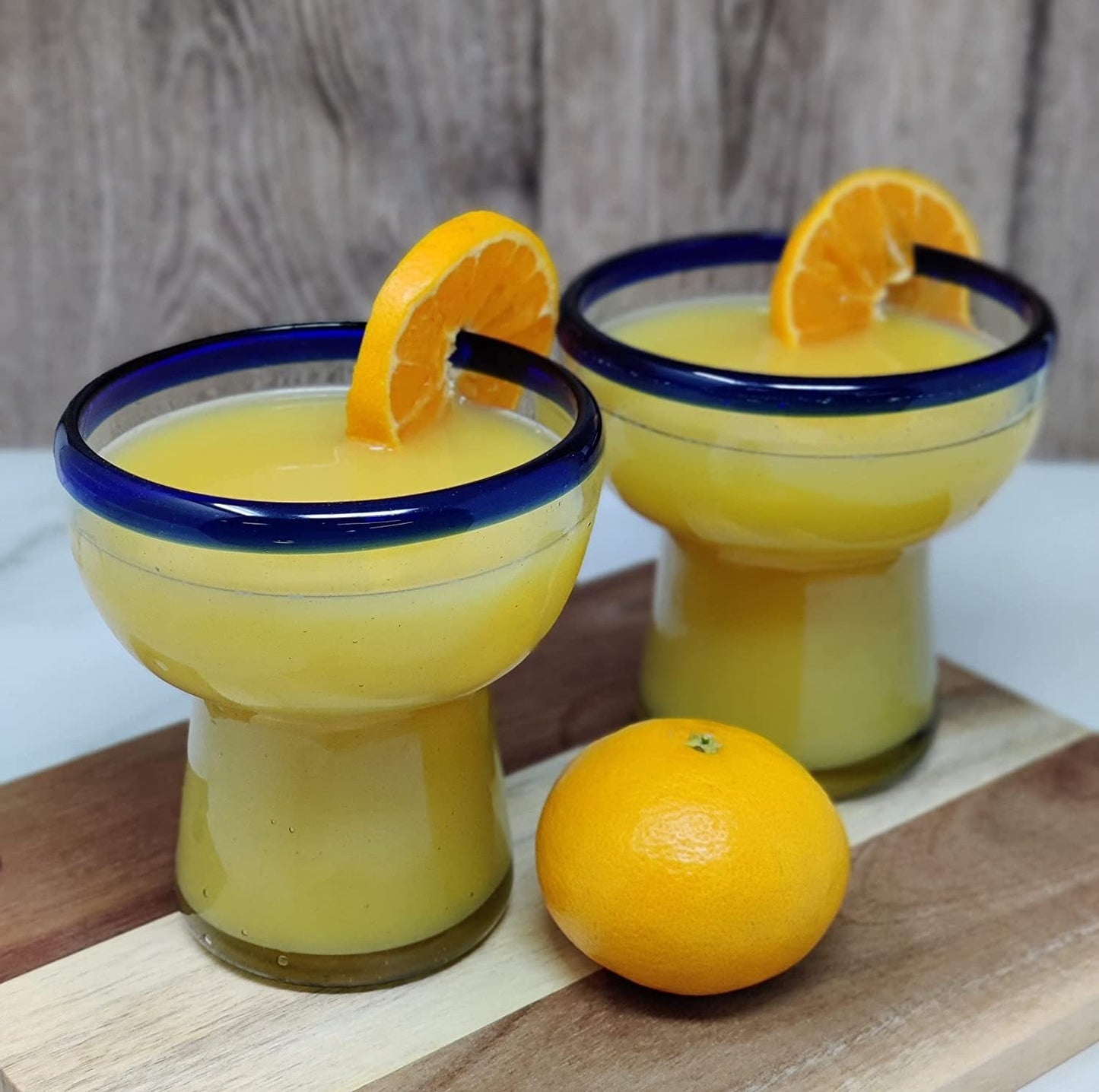 Set of 4 Hand Blown Stemless Blue Rim Margarita Glasses