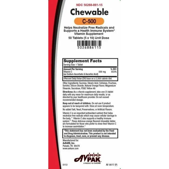 AvKare Vitamin C-500 Chewable Tablets Immune System Health Support 500 Mg