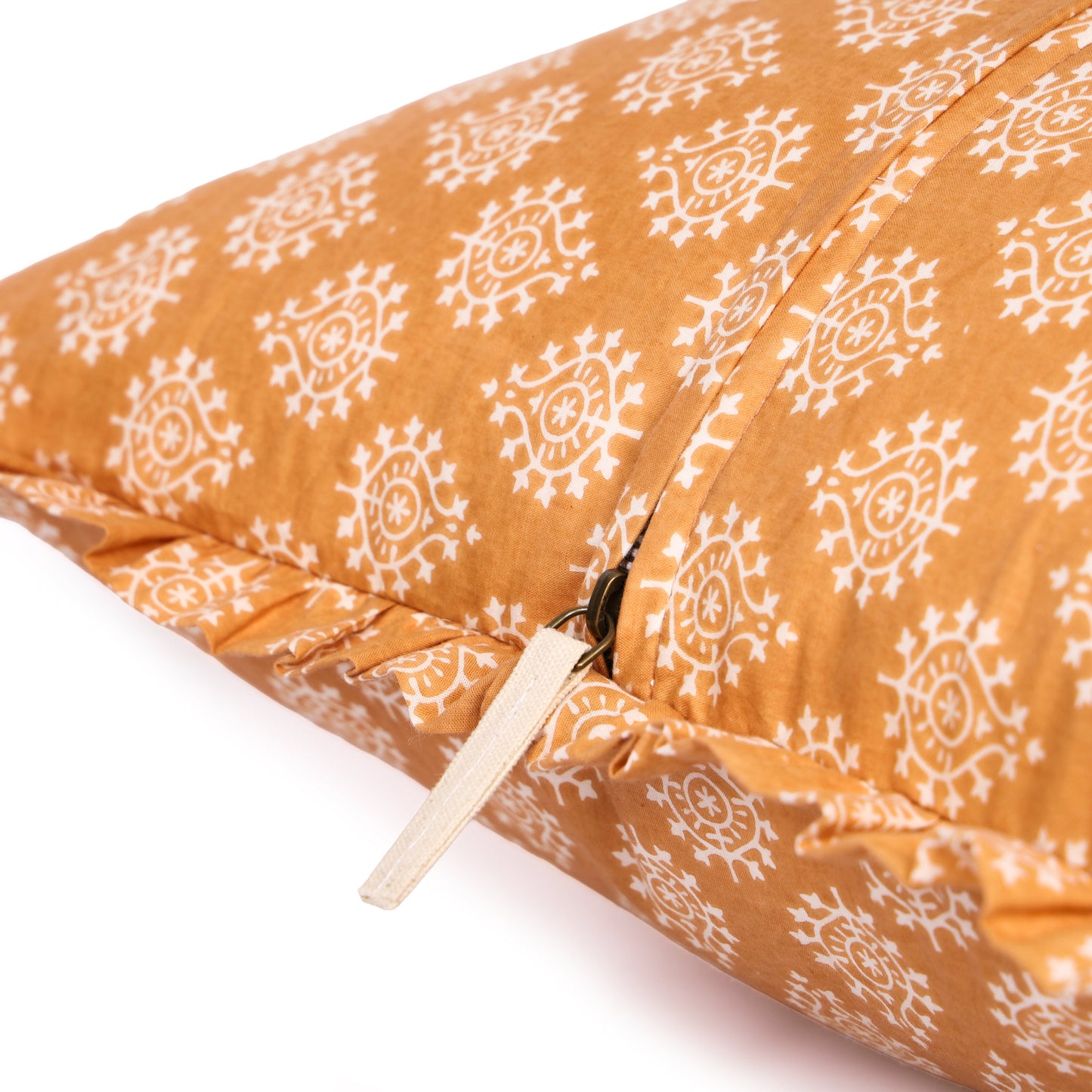 Block-Printed Pillow Cover | 20x20 Ruffled Cotton, Hidden Zipper