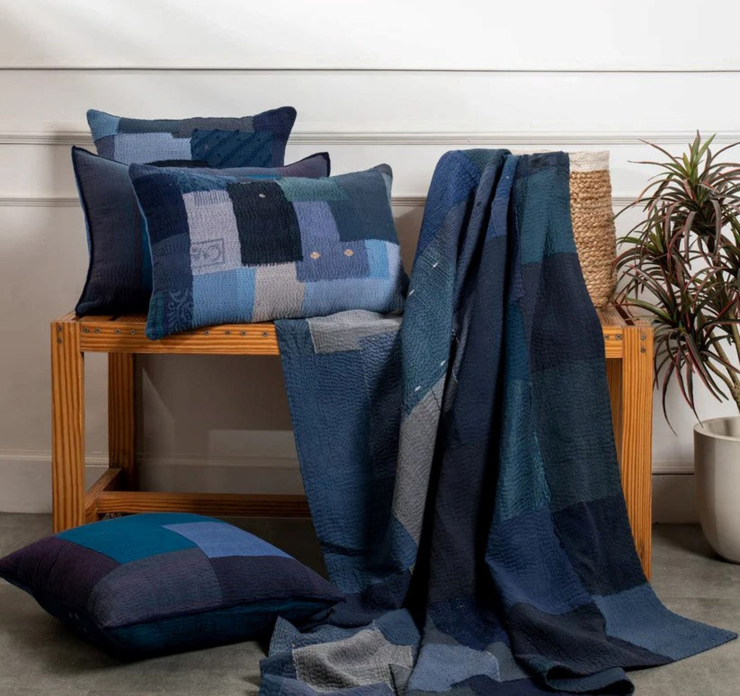 Landscape Fray Patch Vintage Kantha Throw - Navy