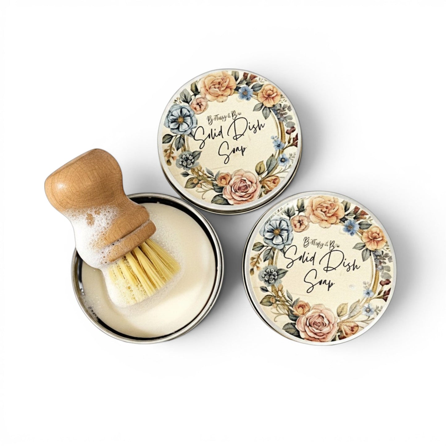 Solid Dish Soap Bar with Bamboo Brush – Zero Waste Kitchen Cleaning Block