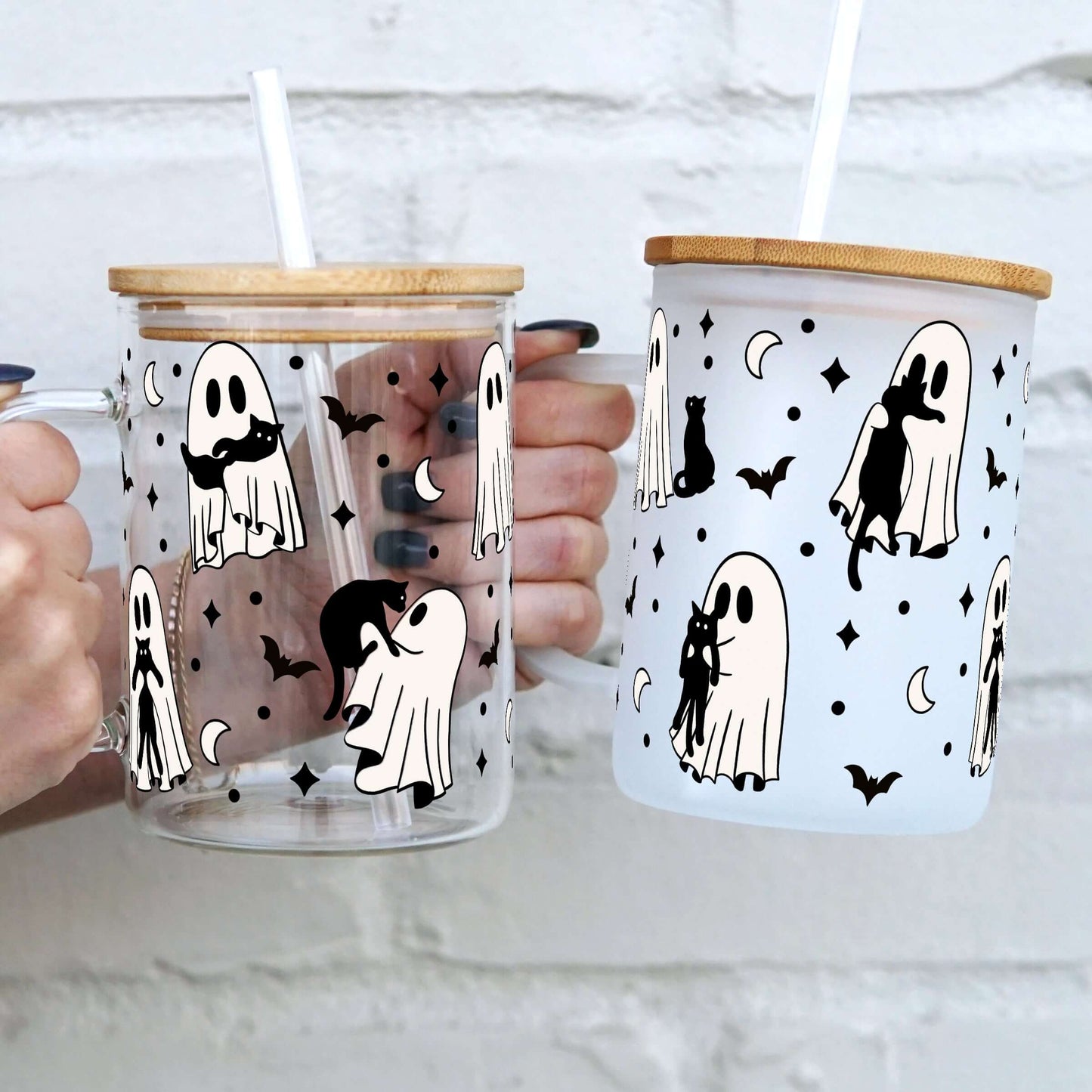 Ghosts Holding Cats 17oz Glass Mug With Lid and Straw