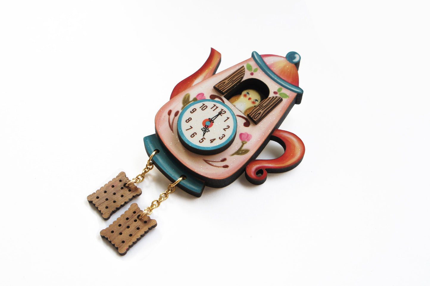 Teapot Clock Brooch by Laliblue