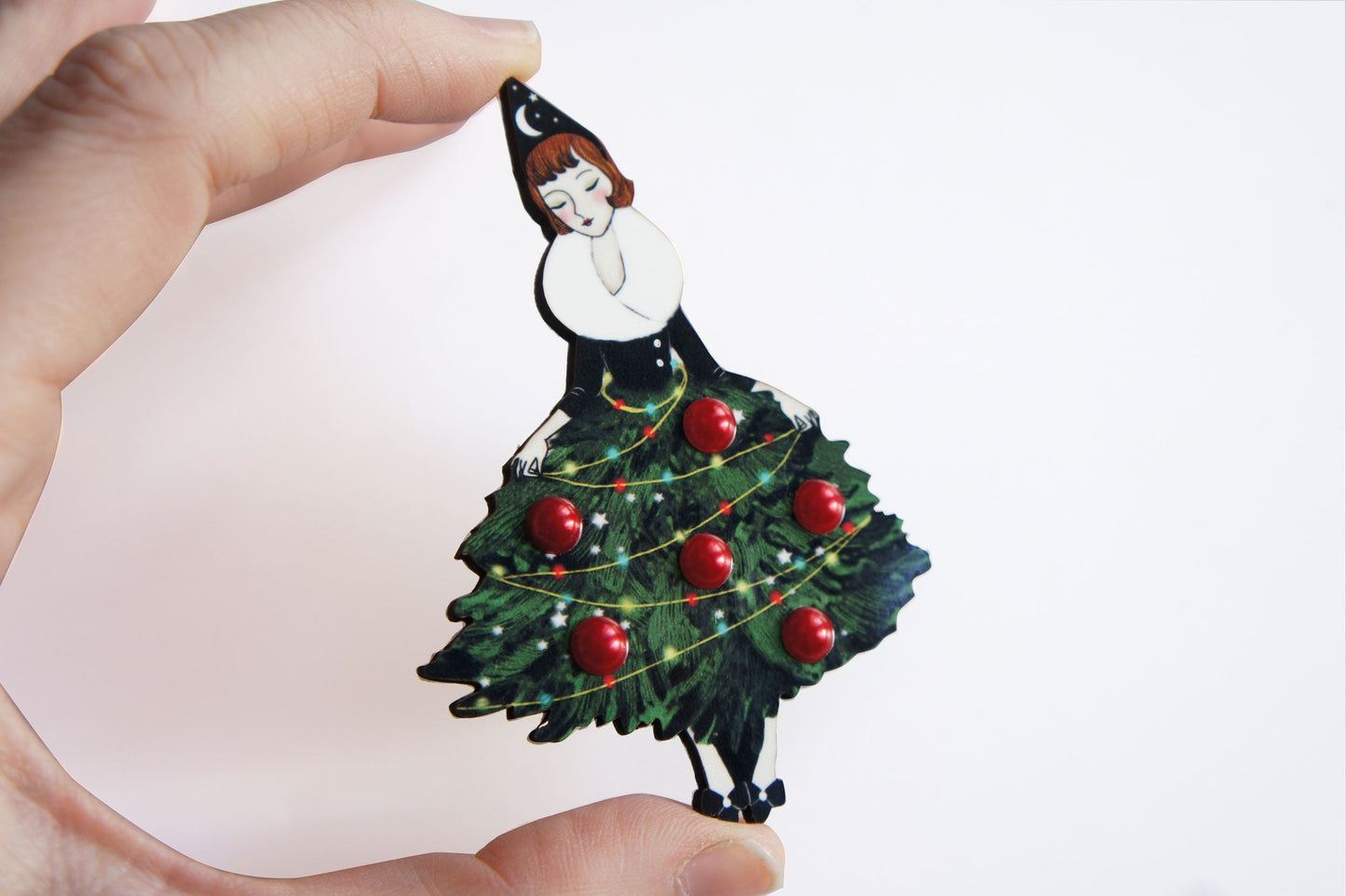 Girl with Christmas Tree Dress Brooch by Laliblue