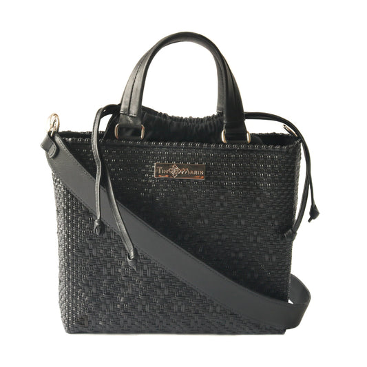 All Black Medium Woven Crossbody Drawstring Bag