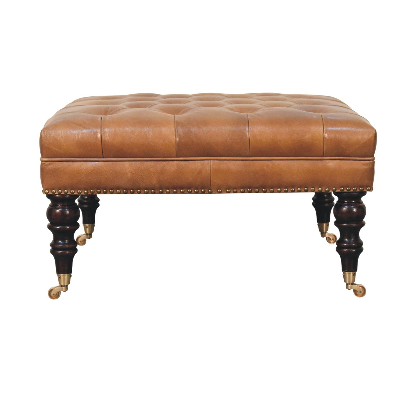 Solid Wood Studded Buffalo Leather Upholstered Ottoman