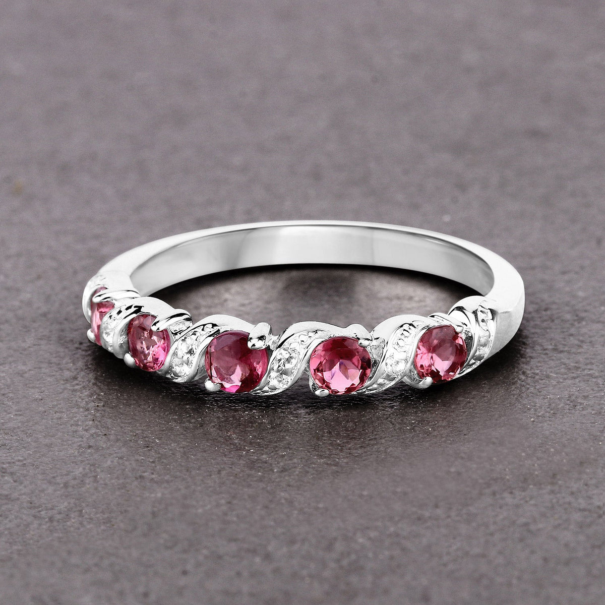 0.64 Carat Genuine Pink Tourmaline and White Topaz .925 Sterling Silver Ring