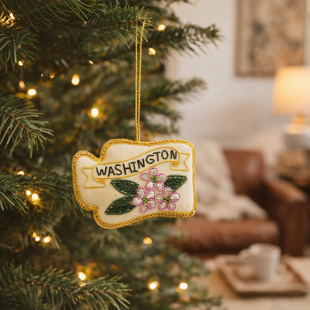 Washington State Rhododendron Beaded Fabric Ornament - Embroidered